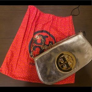 Tory Burch Metallic Gold Reva Clutch / Crossbody
